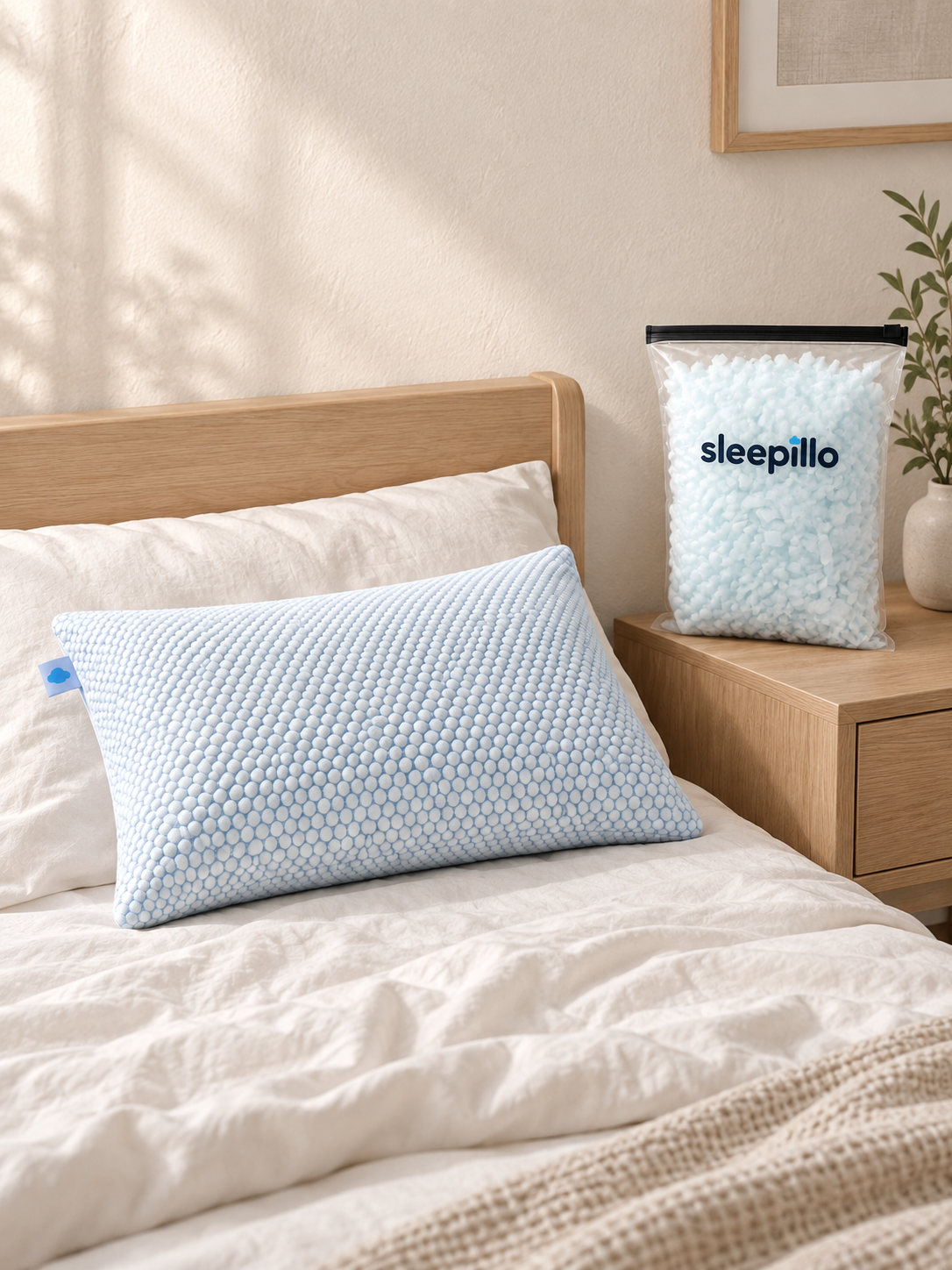 Oreiller Sleepillo Enfant posé sur un lit dans une chambre