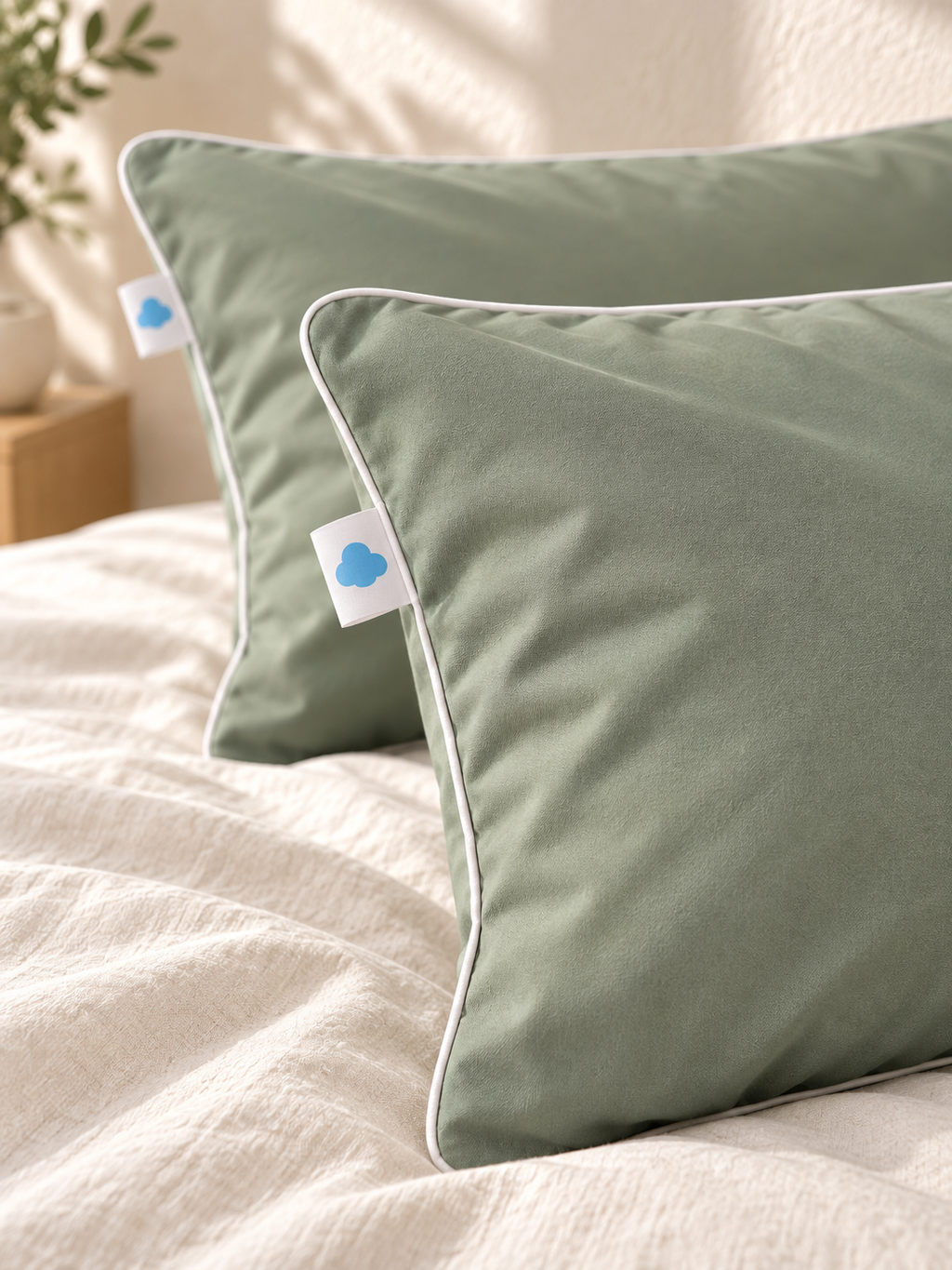 Détail des finitions d’une taie Sleepillo Duo en satin de coton