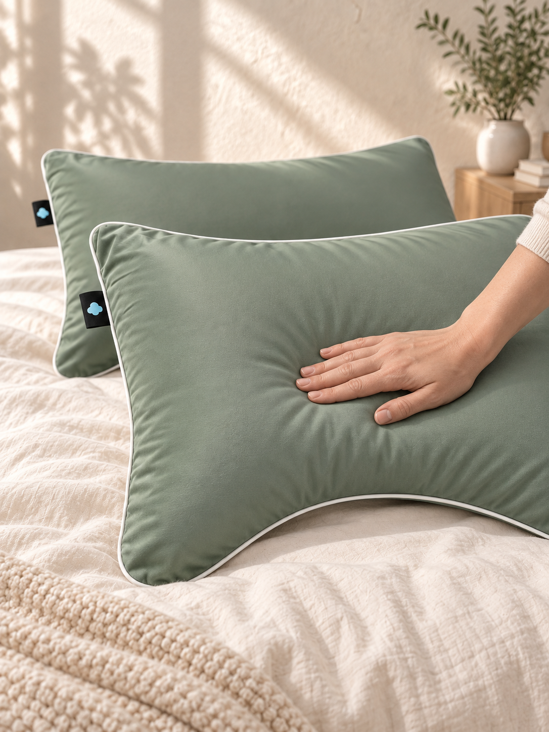 Mise en place d’une taie unie Sleepillo Plus sur l’oreiller incurvé