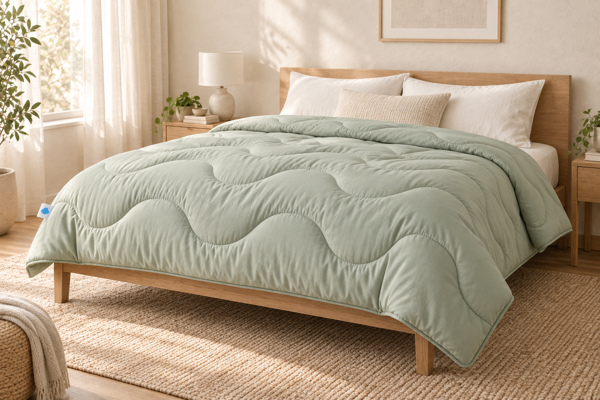 Couette sans housse Sleepillo sur un lit dans une chambre