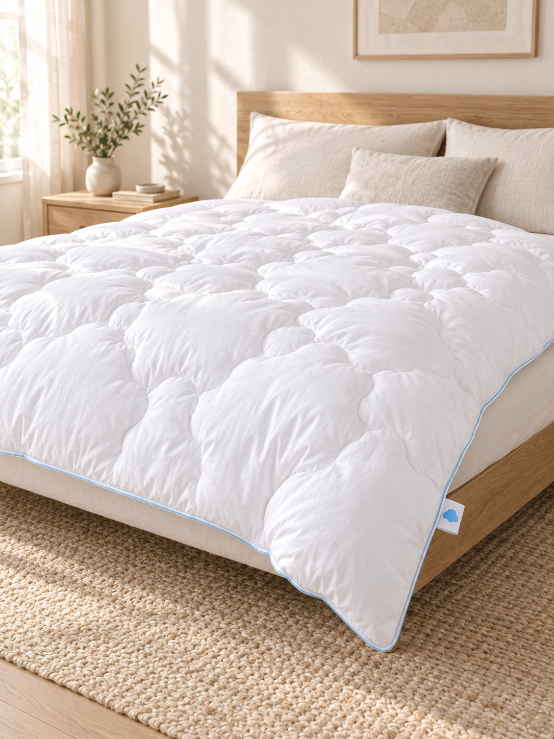 Couette duvet et plumes Sleepillo dépliée sur un lit