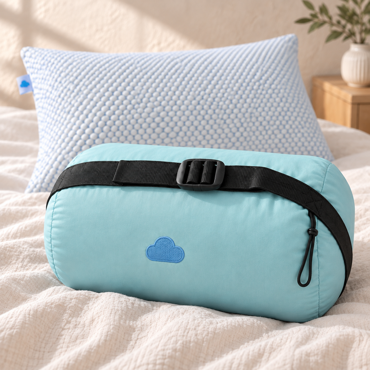 Détail du sac de transport cylindrique à sangle et boucle de l’oreiller Sleepillo Voyage