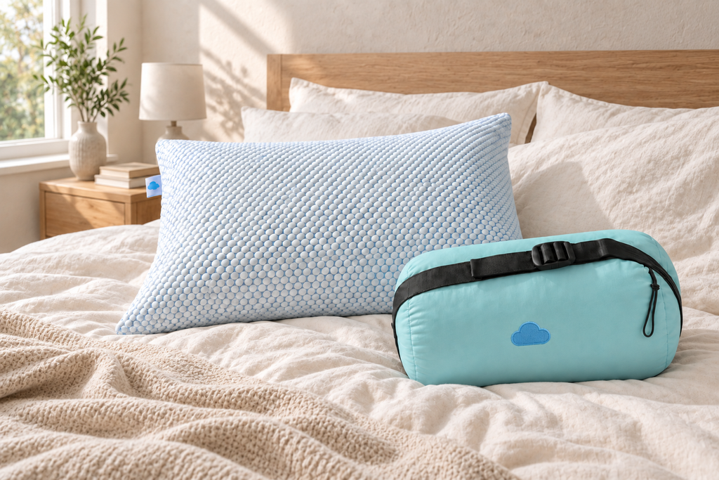 Oreiller Sleepillo Voyage posé sur un lit dans une chambre