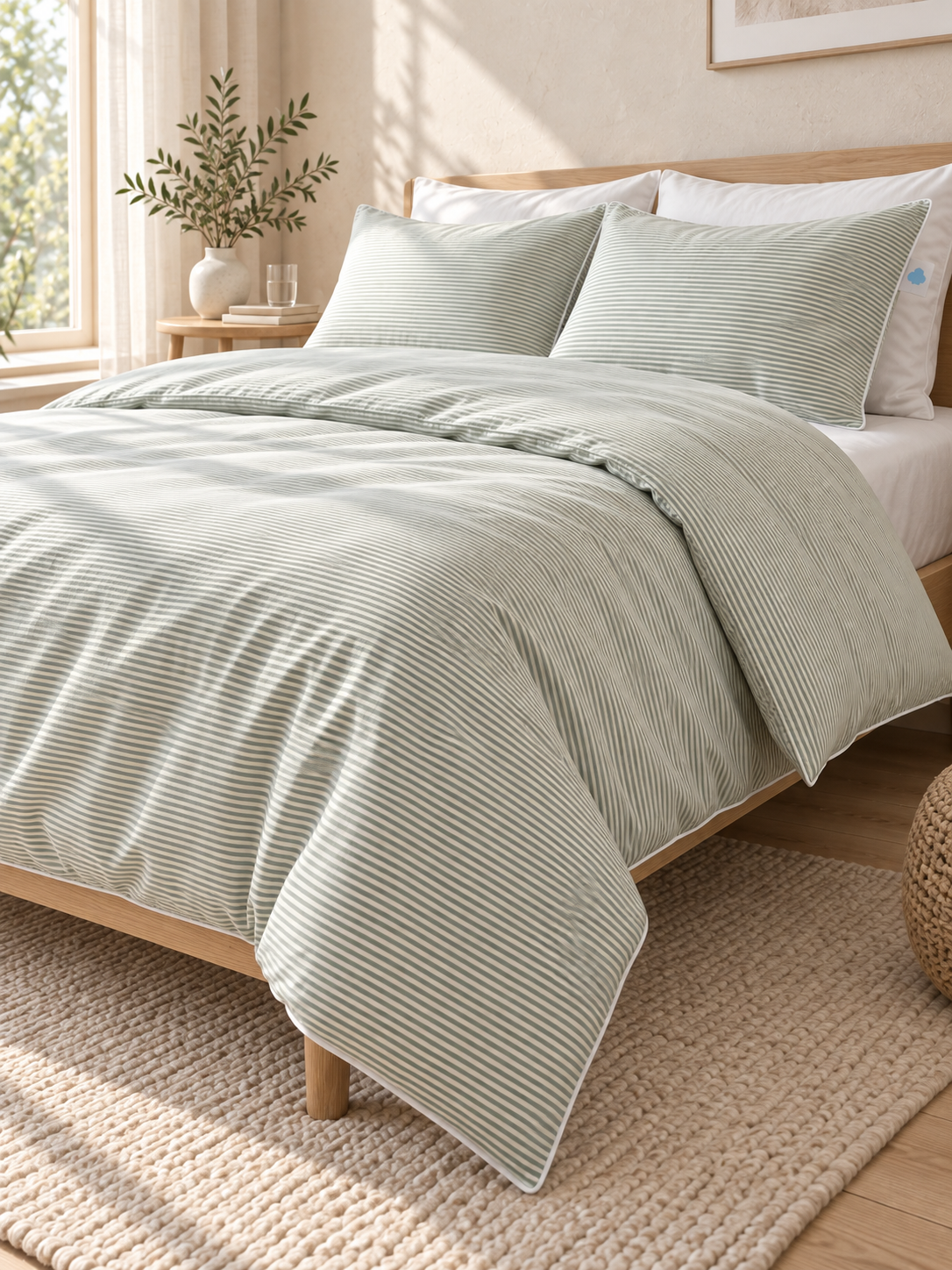 Tombé de la housse de couette rayée sauge et blanc Sleepillo