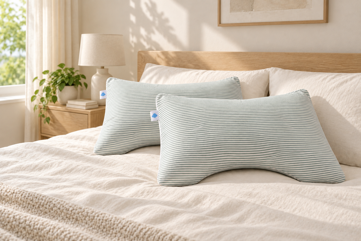 Taies rayées Sleepillo Plus sur un lit dans une chambre
