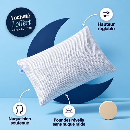 Sleepillo Original — hauteur réglable, nuque bien soutenue. Pour des réveils sans nuque raide. Offre 1 acheté, 1 offert.