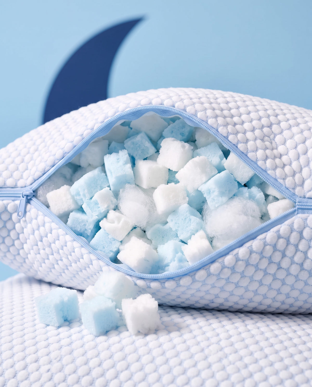 Garnissage en morceaux de mousse à mémoire de forme et microfibres de l’oreiller Sleepillo Original
