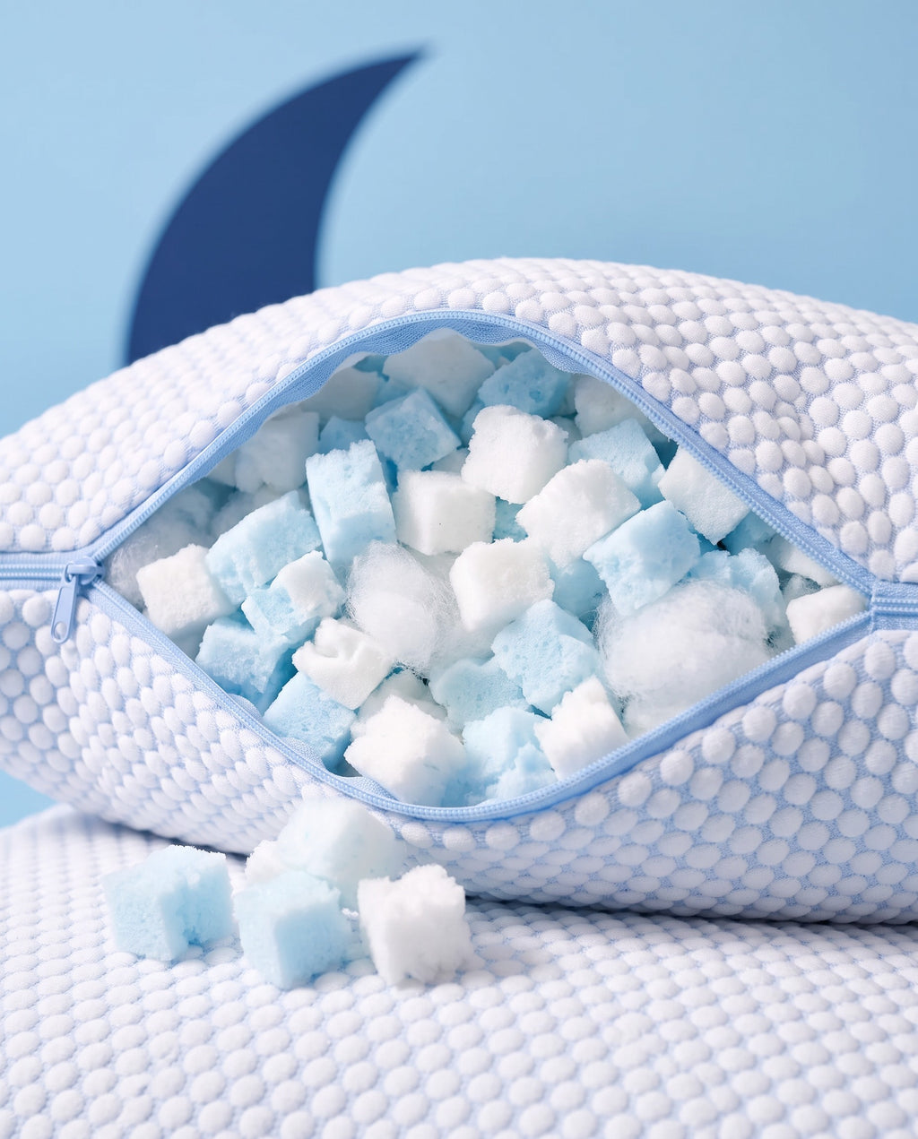 Garnissage en morceaux de mousse à mémoire de forme et microfibres de l’oreiller Sleepillo Original