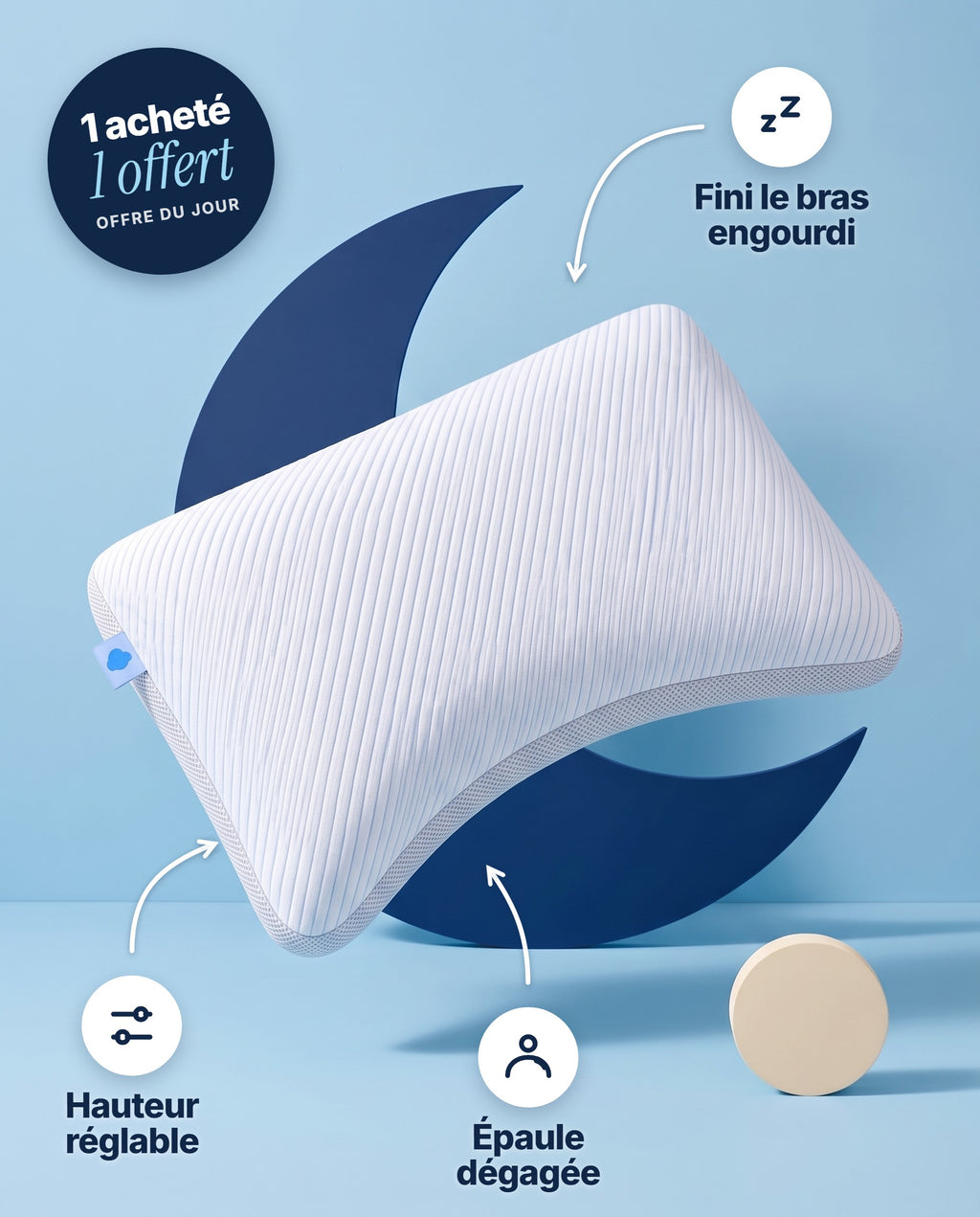 Oreiller incurvé Sleepillo Plus : épaule dégagée, hauteur réglable, fini le bras engourdi. Offre 1 acheté, 1 offert