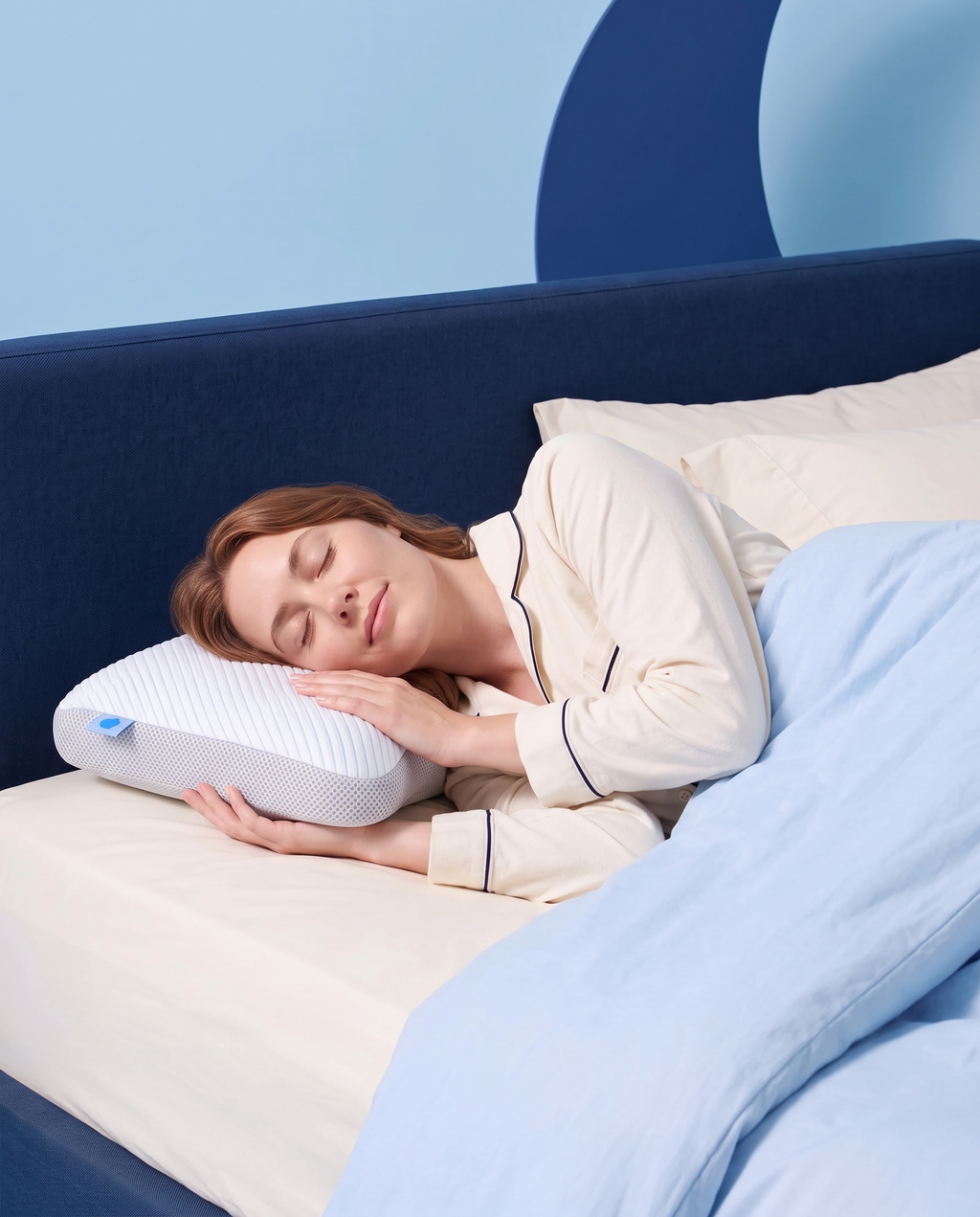 Femme endormie sur le côté, la tête posée sur l’oreiller incurvé Sleepillo Plus