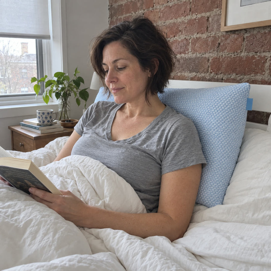 Lecture au lit adossée à un oreiller Sleepillo, lumière naturelle