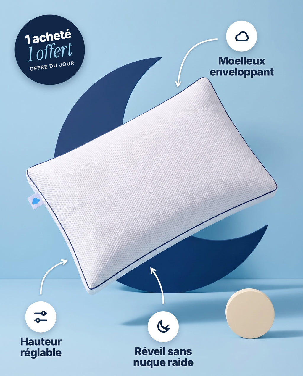Oreiller Sleepillo Recharge : moelleux enveloppant, hauteur réglable, réveil sans nuque raide. Offre 1 acheté, 1 offert